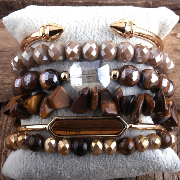 Tiger Eye & Crystal Beaded Bracelet Set – 7.3 Inch Stretch Fit with Faceted Bead - Picture 1 of 1